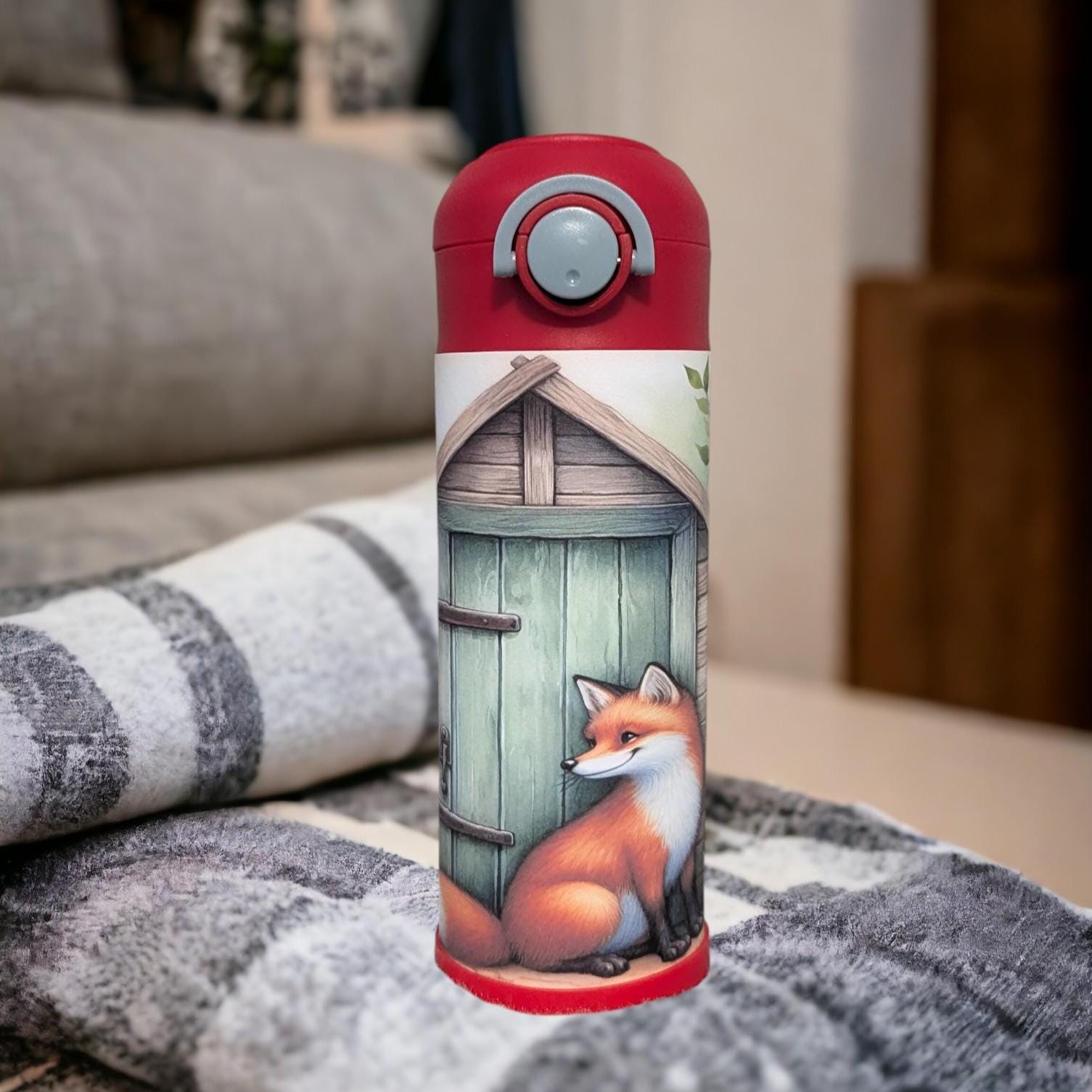 Kids Red Fox Water Bottle 12oz With Reusable Straw Can Be Personalized