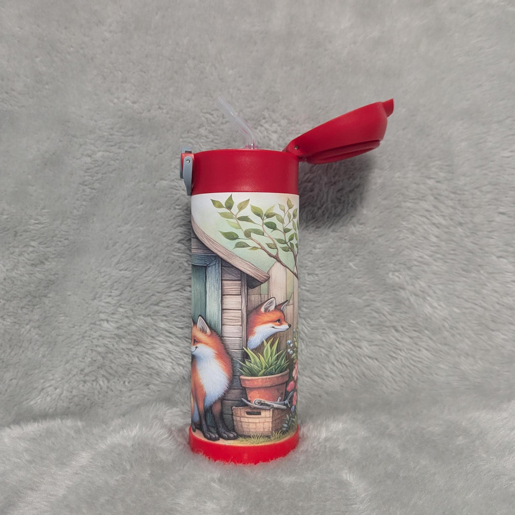Kids Red Fox Water Bottle 12oz With Reusable Straw Can Be Personalized