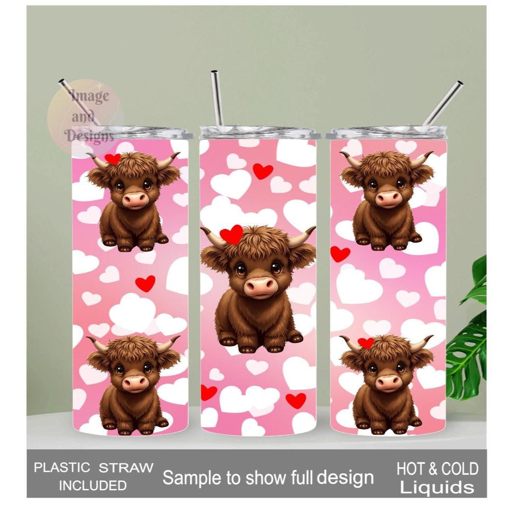 Highland Cow With Hearts Tumbler With Reusable Straw, Highland Cow Gift, 20oz Drinkware Tumbler For Hot Or Cold Drinks