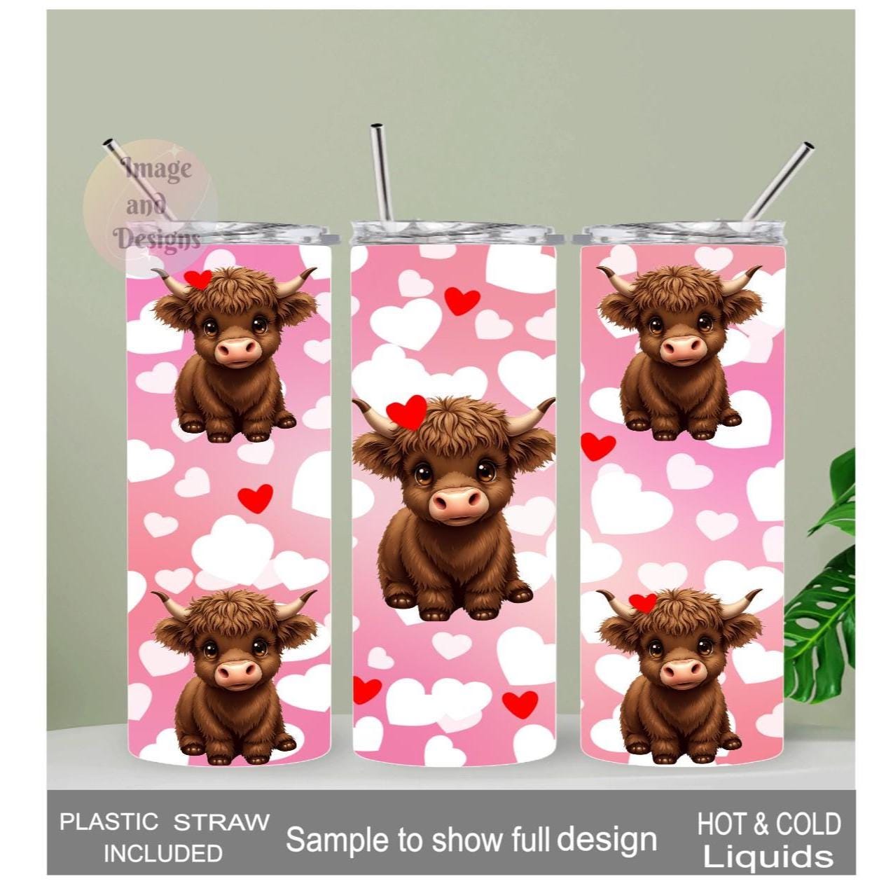 Highland Cow With Hearts Tumbler With Reusable Straw, Highland Cow Gift, 20oz Drinkware Tumbler For Hot Or Cold Drinks