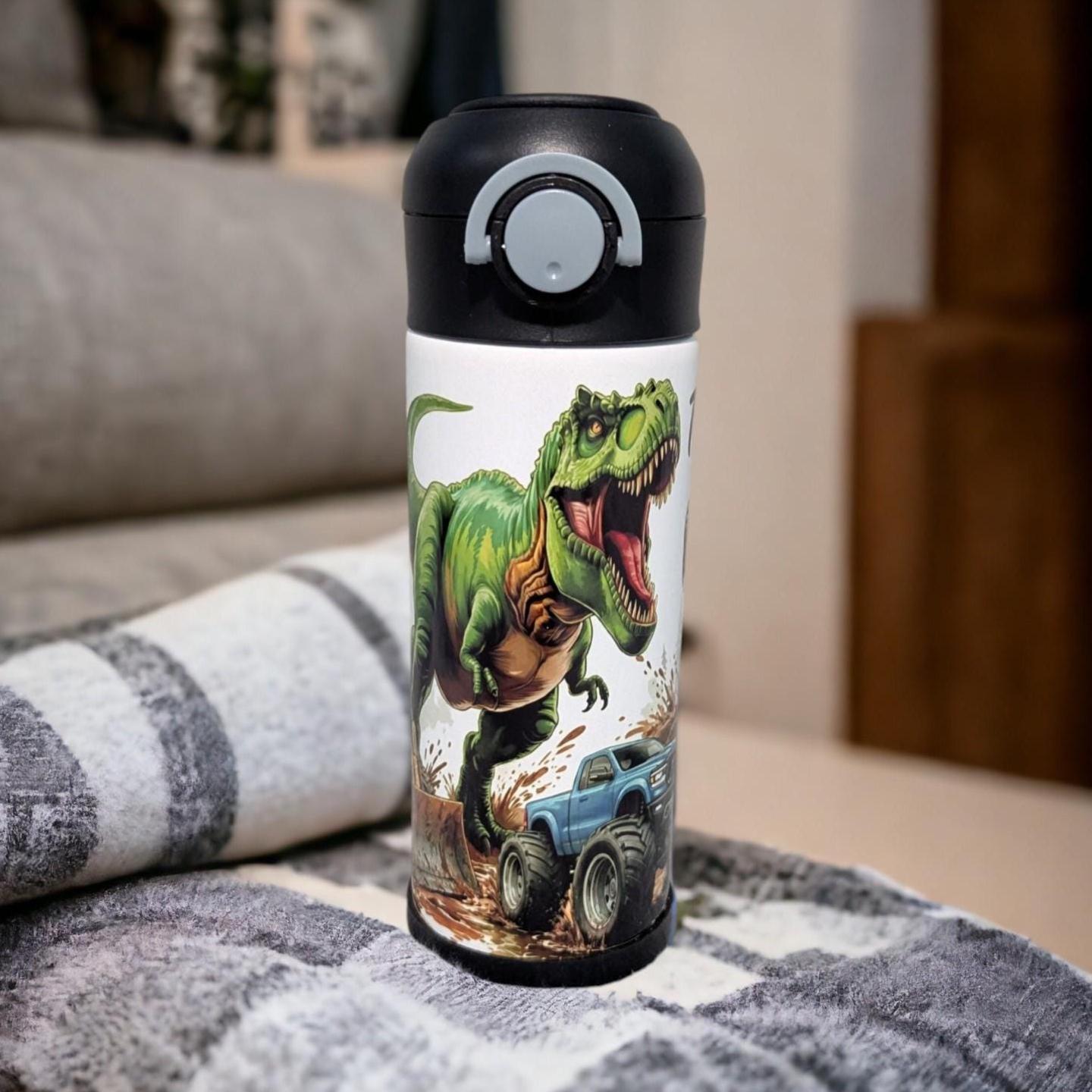 Kids Dinosaur Water Bottle 12oz With Reusable Straw Can Be Personalized