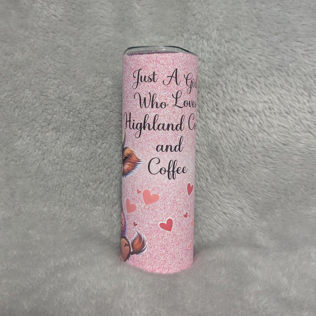 Just A Girl Who Loves Highland Cows and Coffee Tumbler With Reusable Straw, Can Be Personalized,  20oz Tumbler For Hot Or Cold Drinks