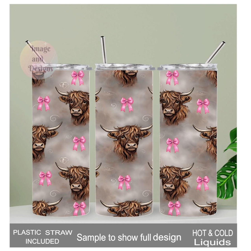 Highland Cow and Pink Bows Tumbler 20oz With Reusable Straw