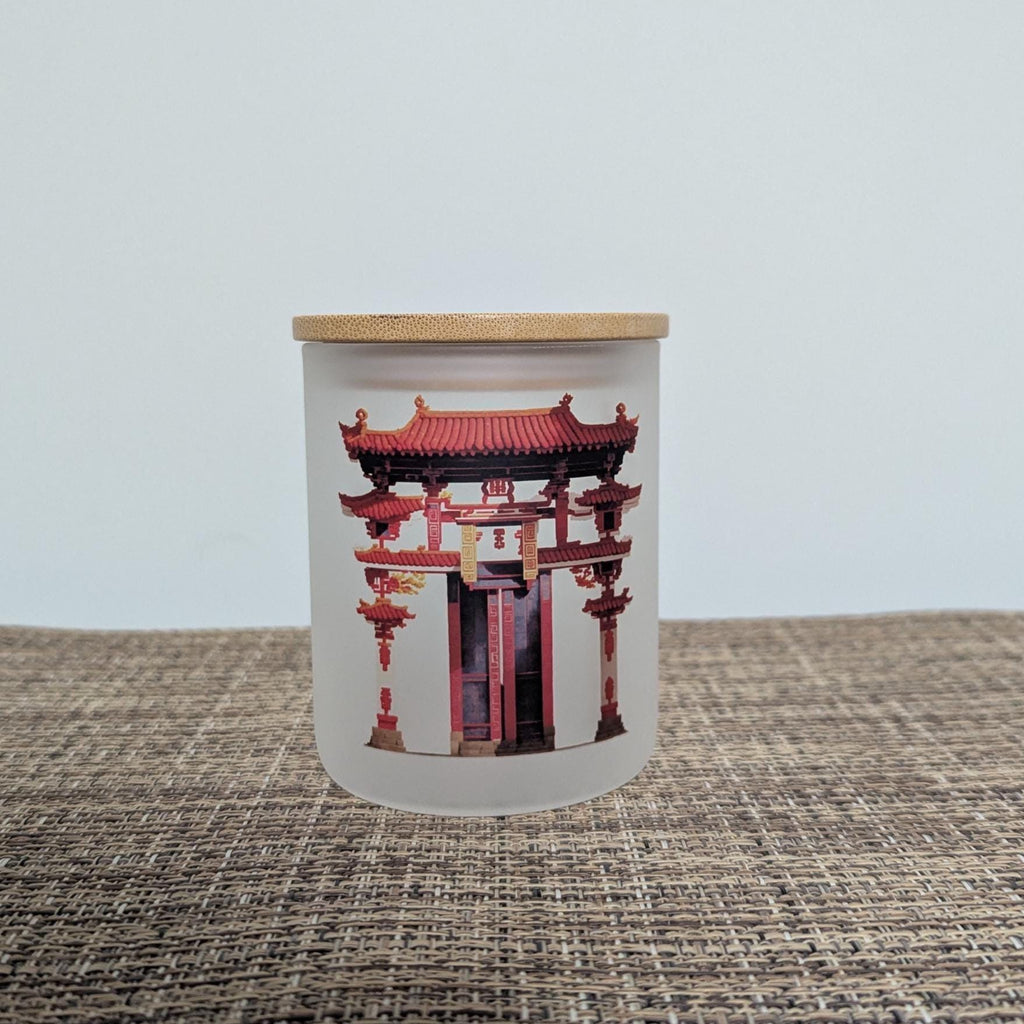 Red Chinese Gate Candle Holder with Battery Operated Flickering Tea Light and Bamboo Lid