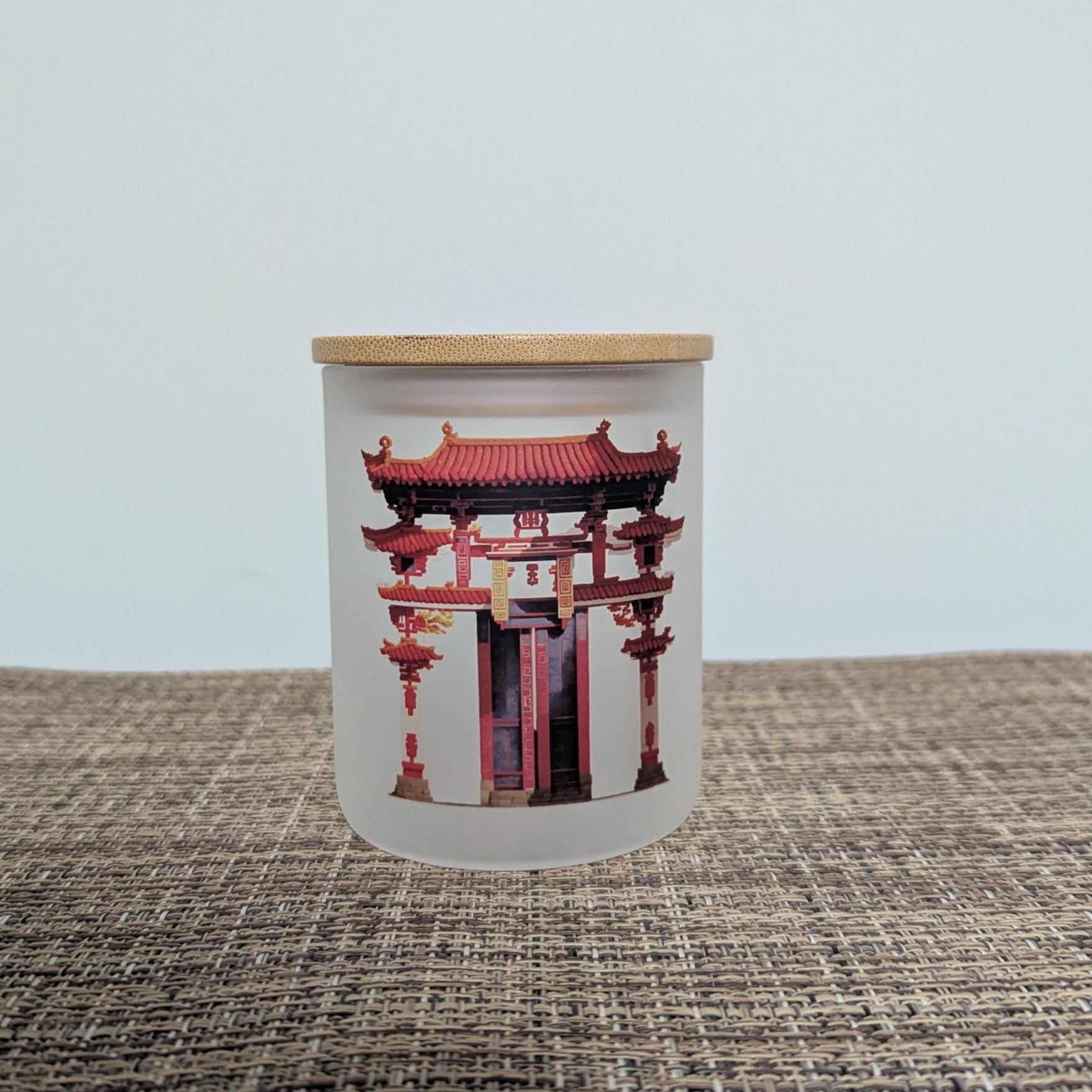 Red Chinese Gate Candle Holder with Battery Operated Flickering Tea Light and Bamboo Lid