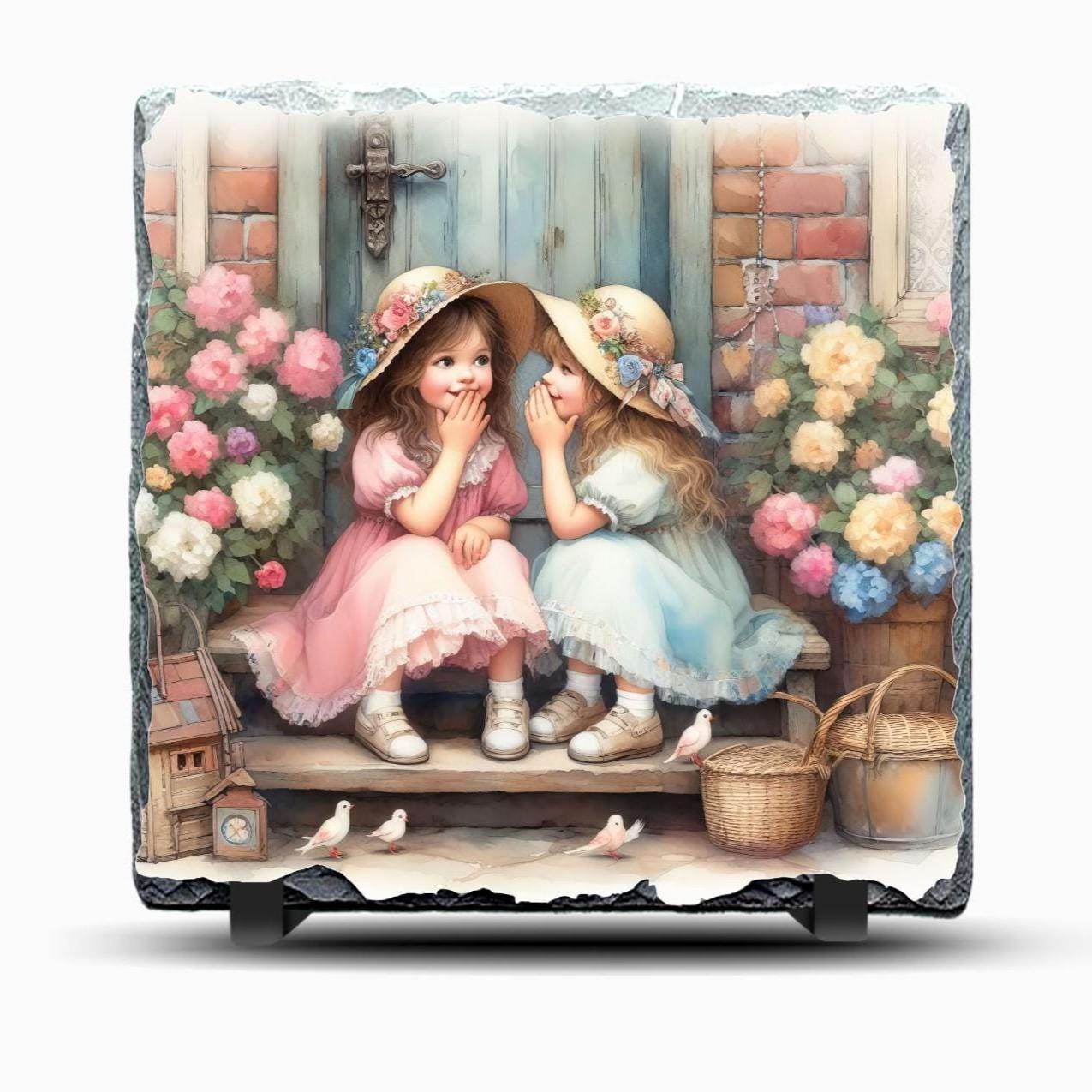 Two Little Girls Sharing Secrets Slate Picture With Display Legs