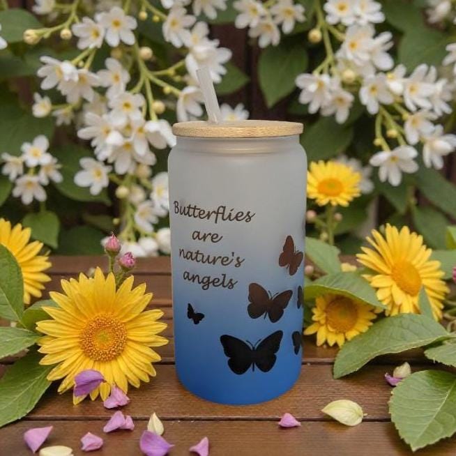 Butterflies Are Nature's Angels - 16oz Blue Frosted Glass with Bamboo Lid & Straw