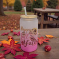Happy Fall Y'all 16oz Pink Frosted Glass with Bamboo Lid & Reusable Straw