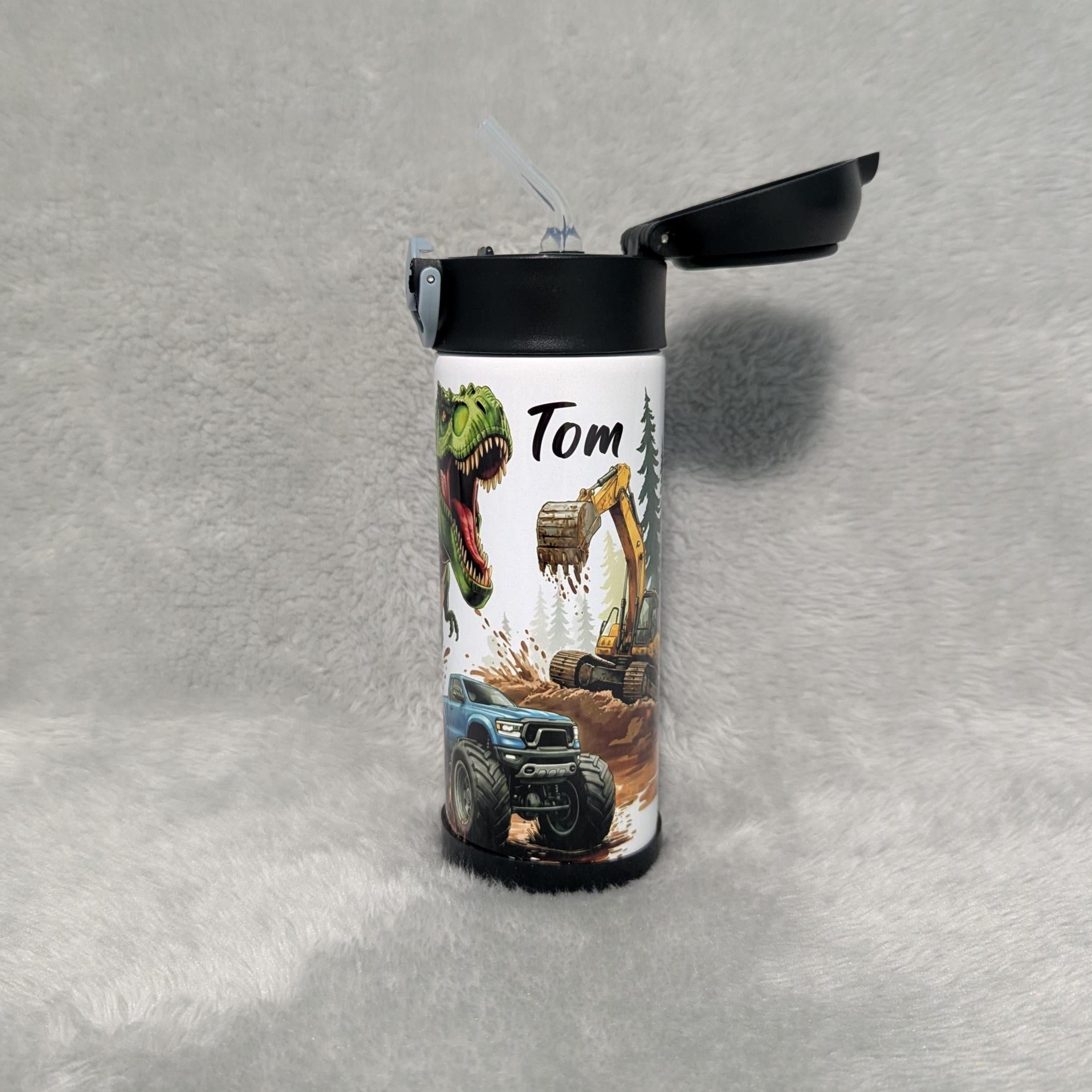 Kids Dinosaur Water Bottle 12oz With Reusable Straw Can Be Personalized