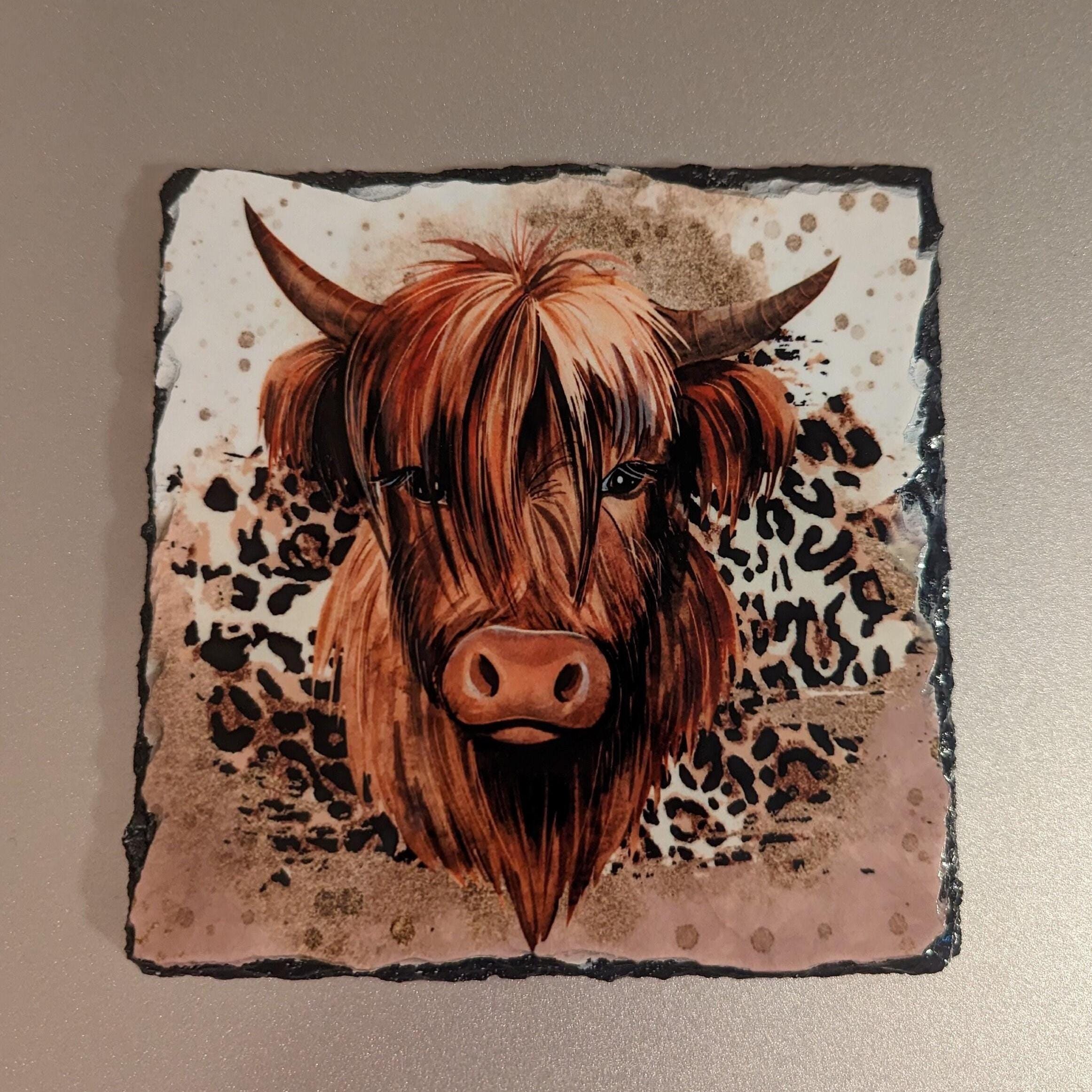 Highland Cow Slate Picture With Display Legs