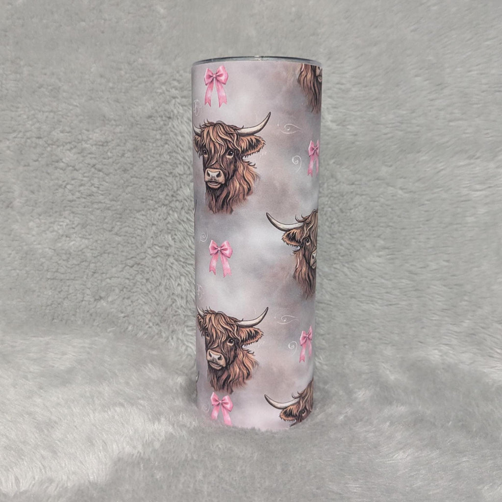 Highland Cow and Pink Bows Tumbler 20oz With Reusable Straw