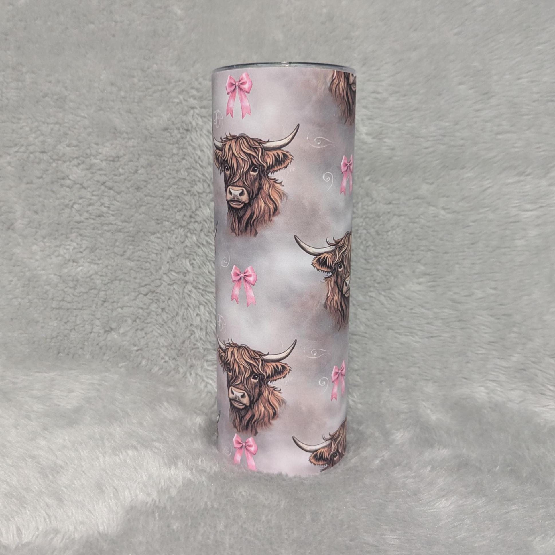Highland Cow and Pink Bows Tumbler 20oz With Reusable Straw