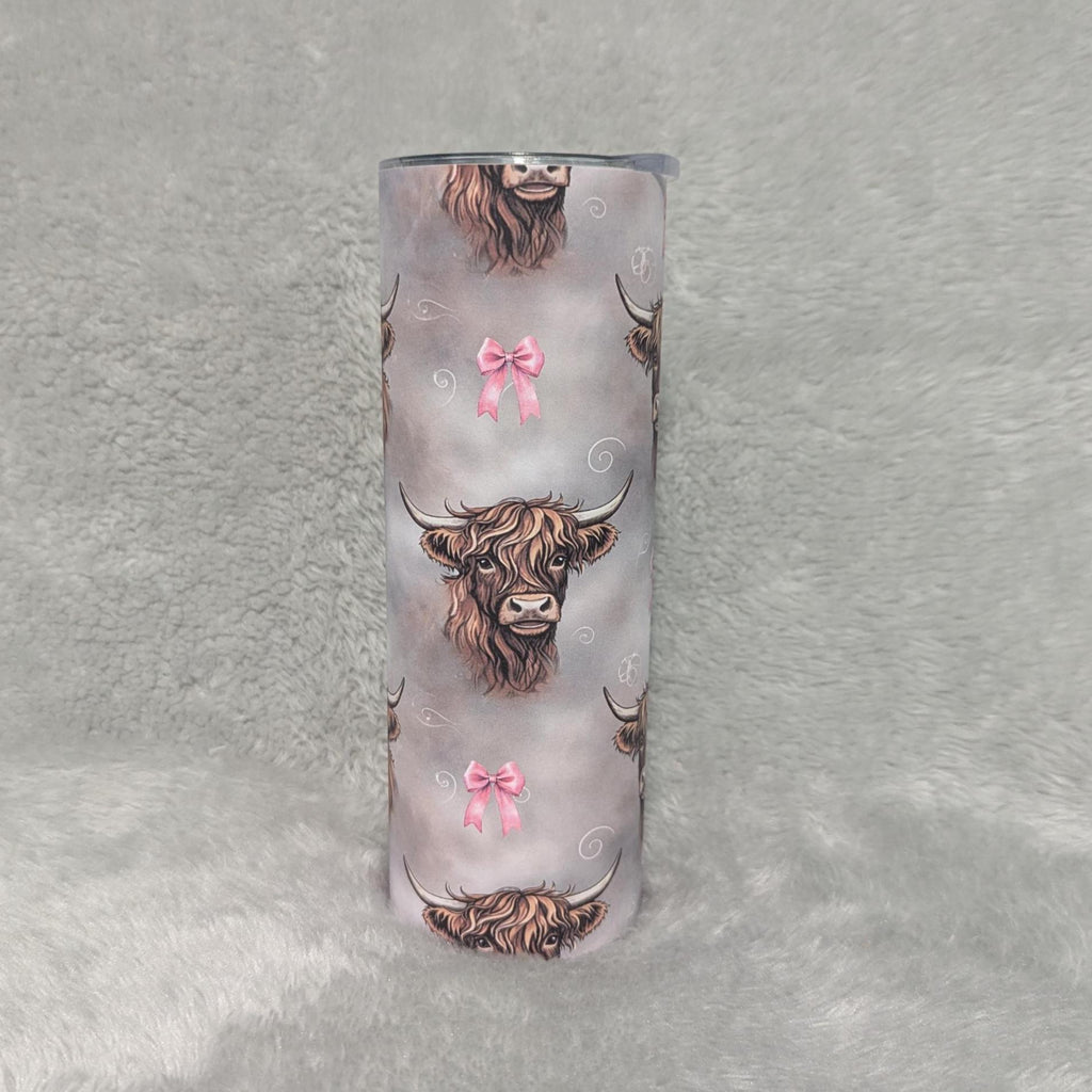 Highland Cow and Pink Bows Tumbler 20oz With Reusable Straw