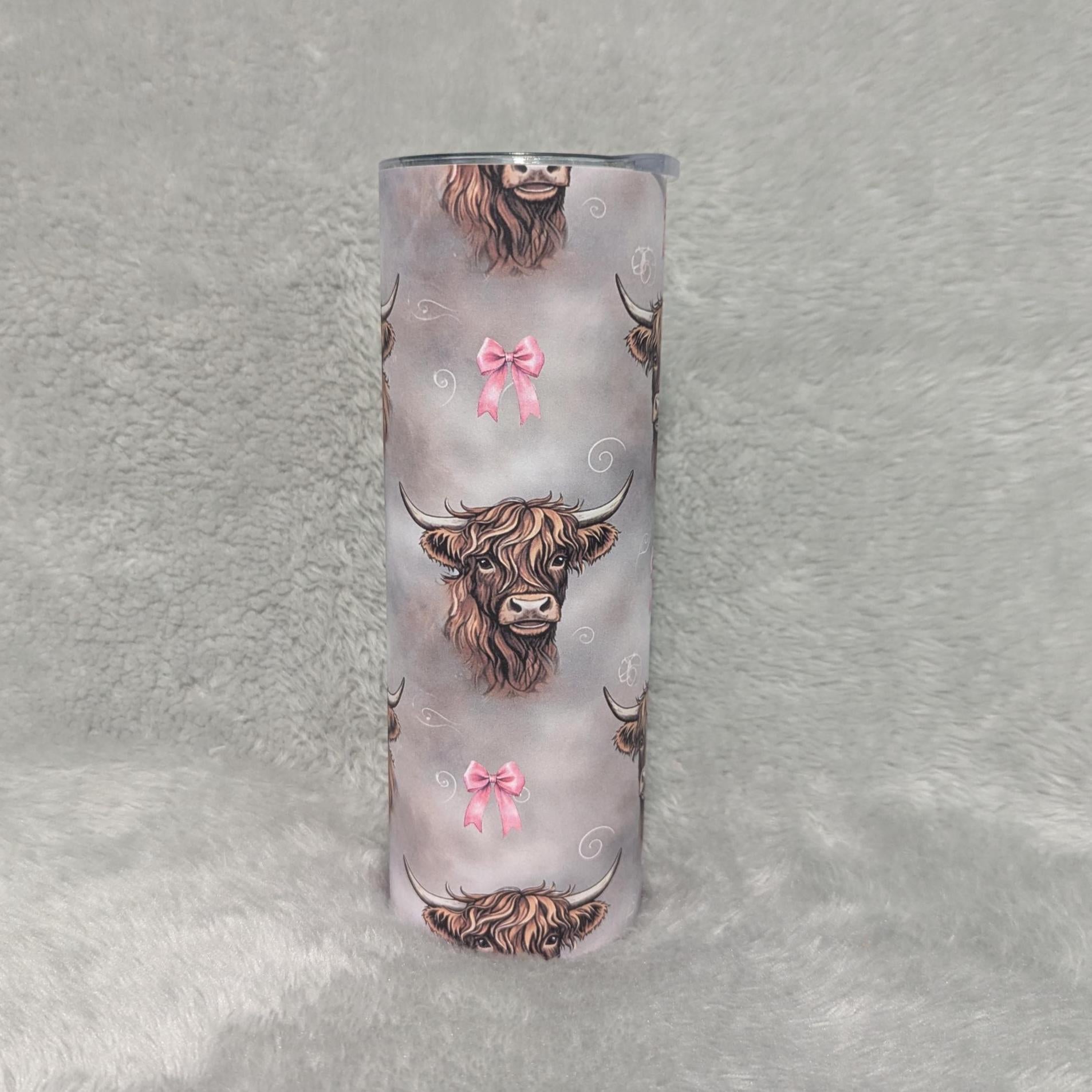 Highland Cow and Pink Bows Tumbler 20oz With Reusable Straw
