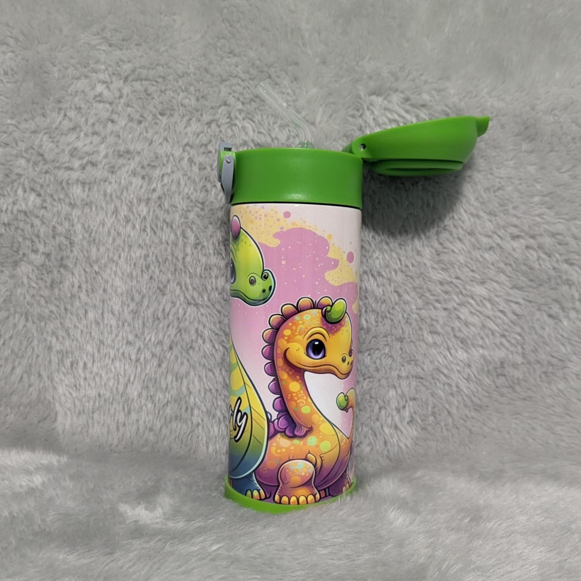 Kids Dinosaur Water Bottle 12oz With Reusable Straw Can Be Personalized