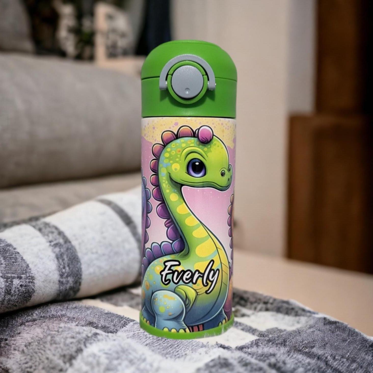 Kids Dinosaur Water Bottle 12oz With Reusable Straw Can Be Personalized