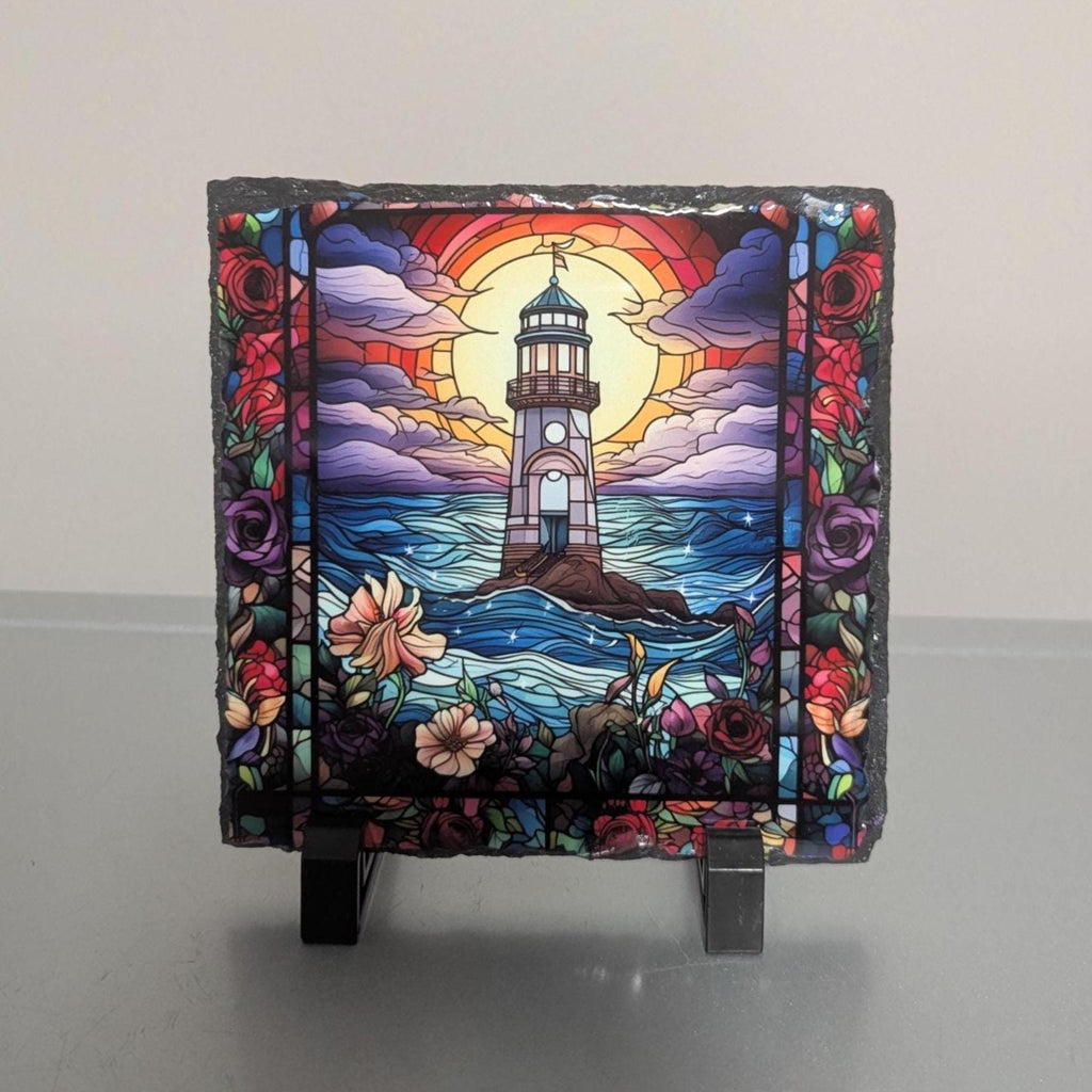 Lighthouse Picture With A Stained Glass Design Includes Display Legs