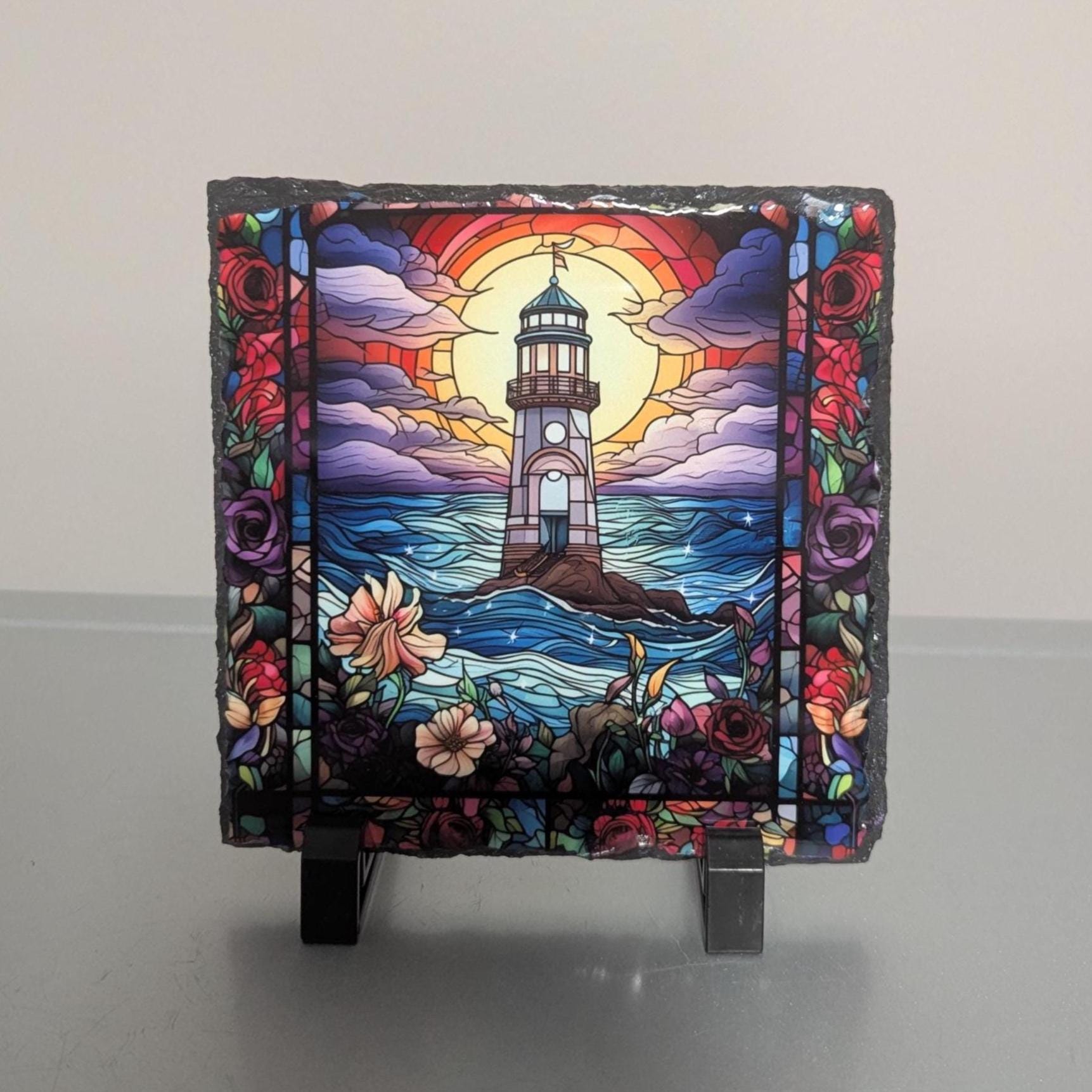 Lighthouse Picture With A Stained Glass Design Includes Display Legs
