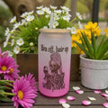 Wine Lover's Skeleton Girl Mug - Pink Frosted Glass with Bamboo Lid & Reusable Straw