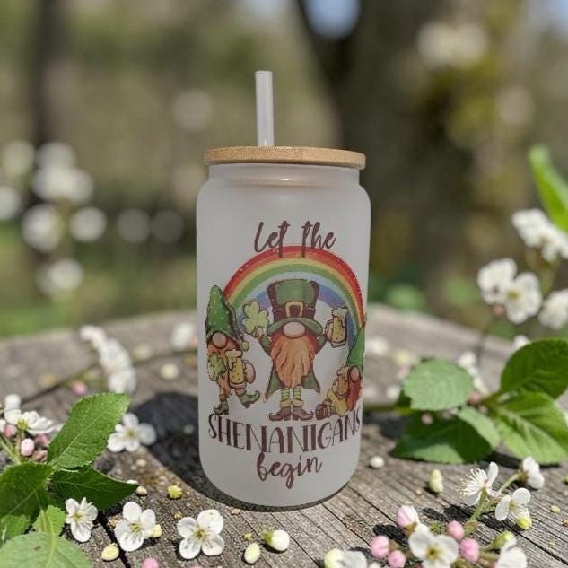 Let the Shenanigans Begin Gnome - 16oz Frosted Glass with Bamboo Lid & Reusable Straw