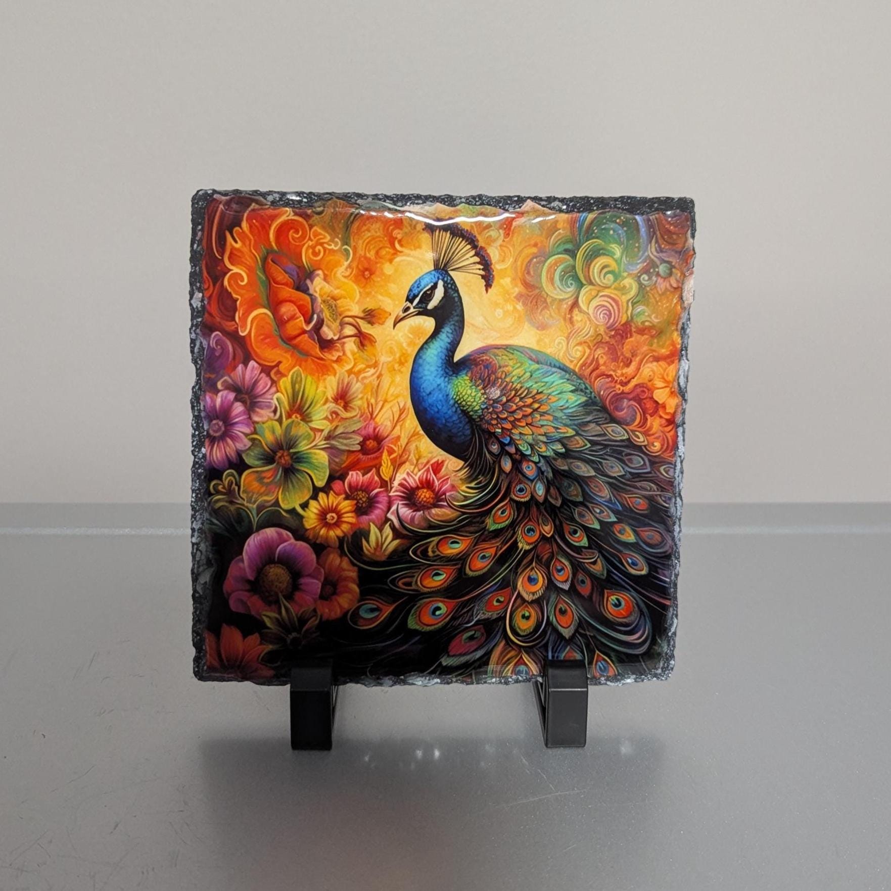 Beautiful Peacock Slate Picture With Display Legs