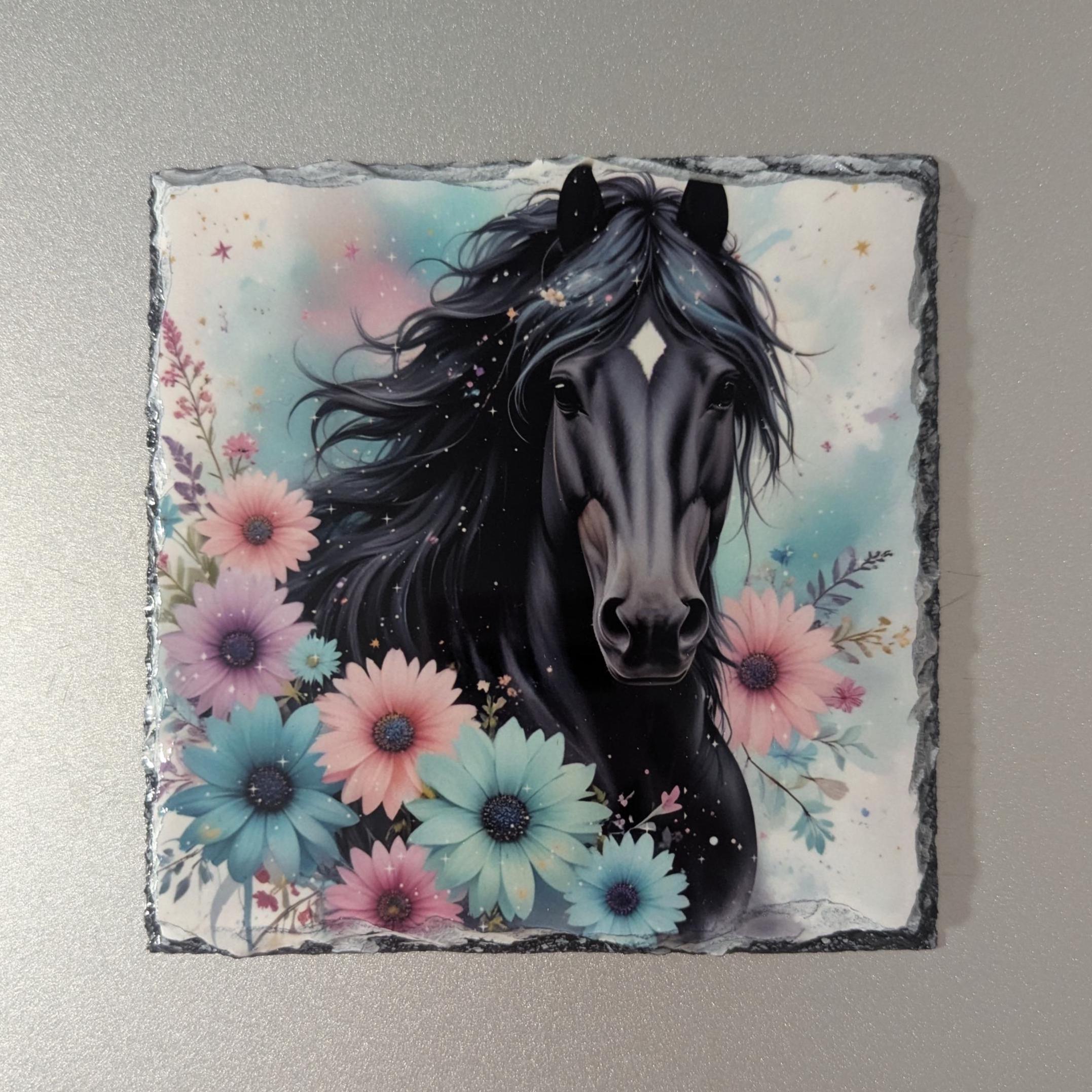 Black Horse With Flowers Slate Picture With Display Legs