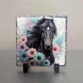 Black Horse With Flowers Slate Picture With Display Legs