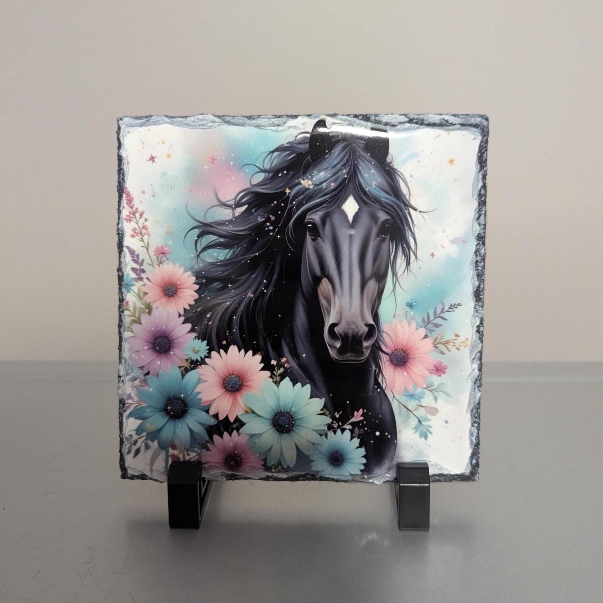 Black Horse With Flowers Slate Picture With Display Legs