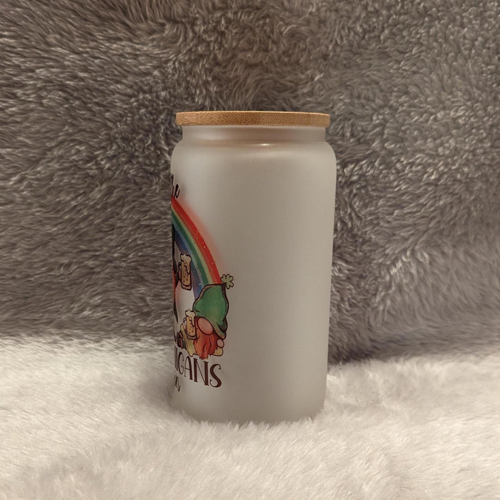 Let the Shenanigans Begin Gnome - 16oz Frosted Glass with Bamboo Lid & Reusable Straw