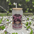 16oz Frosted Warrior Glass with Messy Bun Girl & Reusable Straw