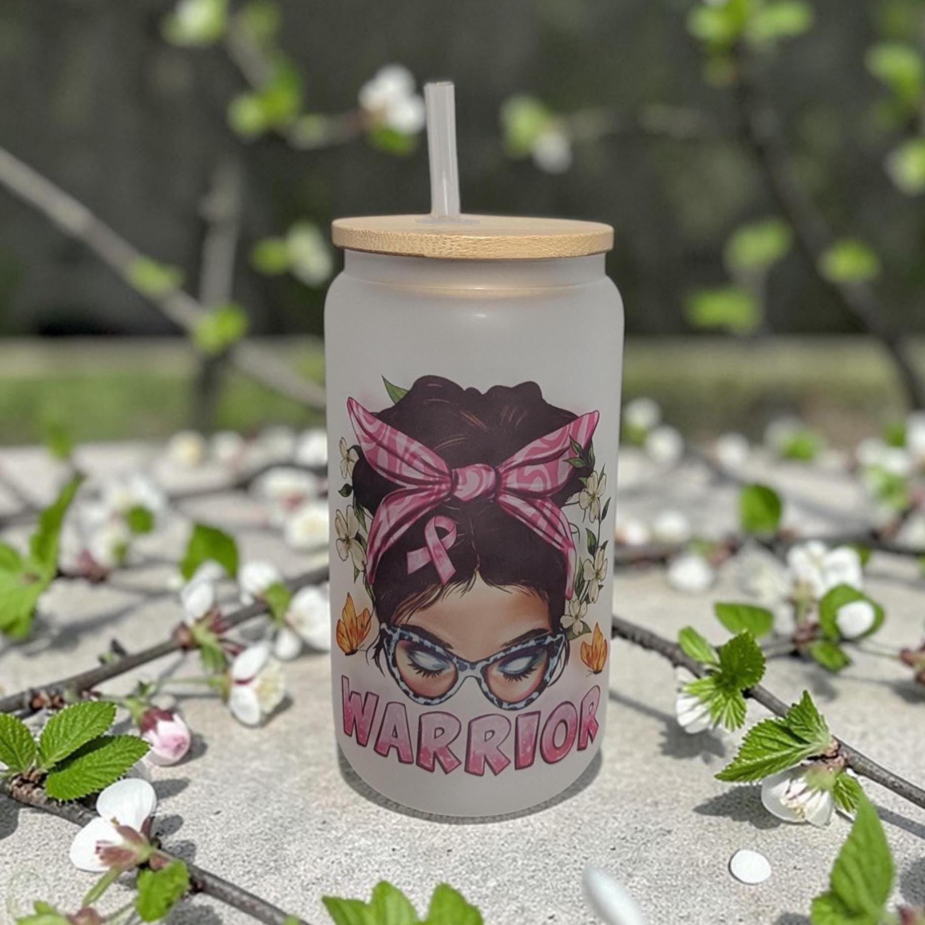 16oz Frosted Warrior Glass with Messy Bun Girl & Reusable Straw
