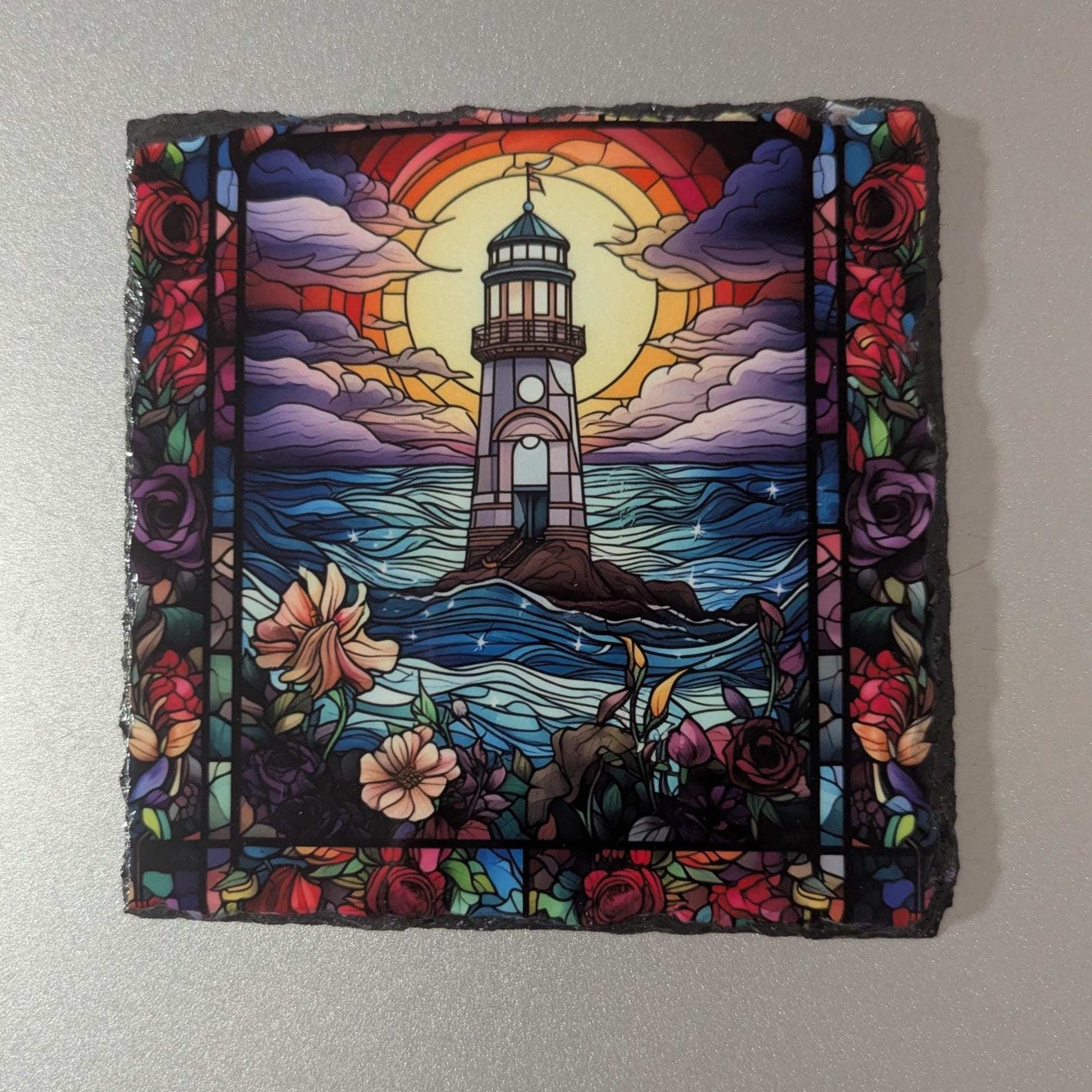Lighthouse Picture With A Stained Glass Design Includes Display Legs