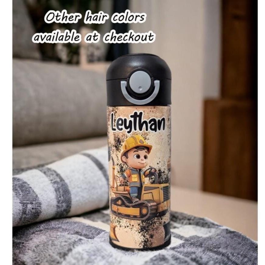 Kids Construction Water 12oz With Reusable Straw Can Be Personalized