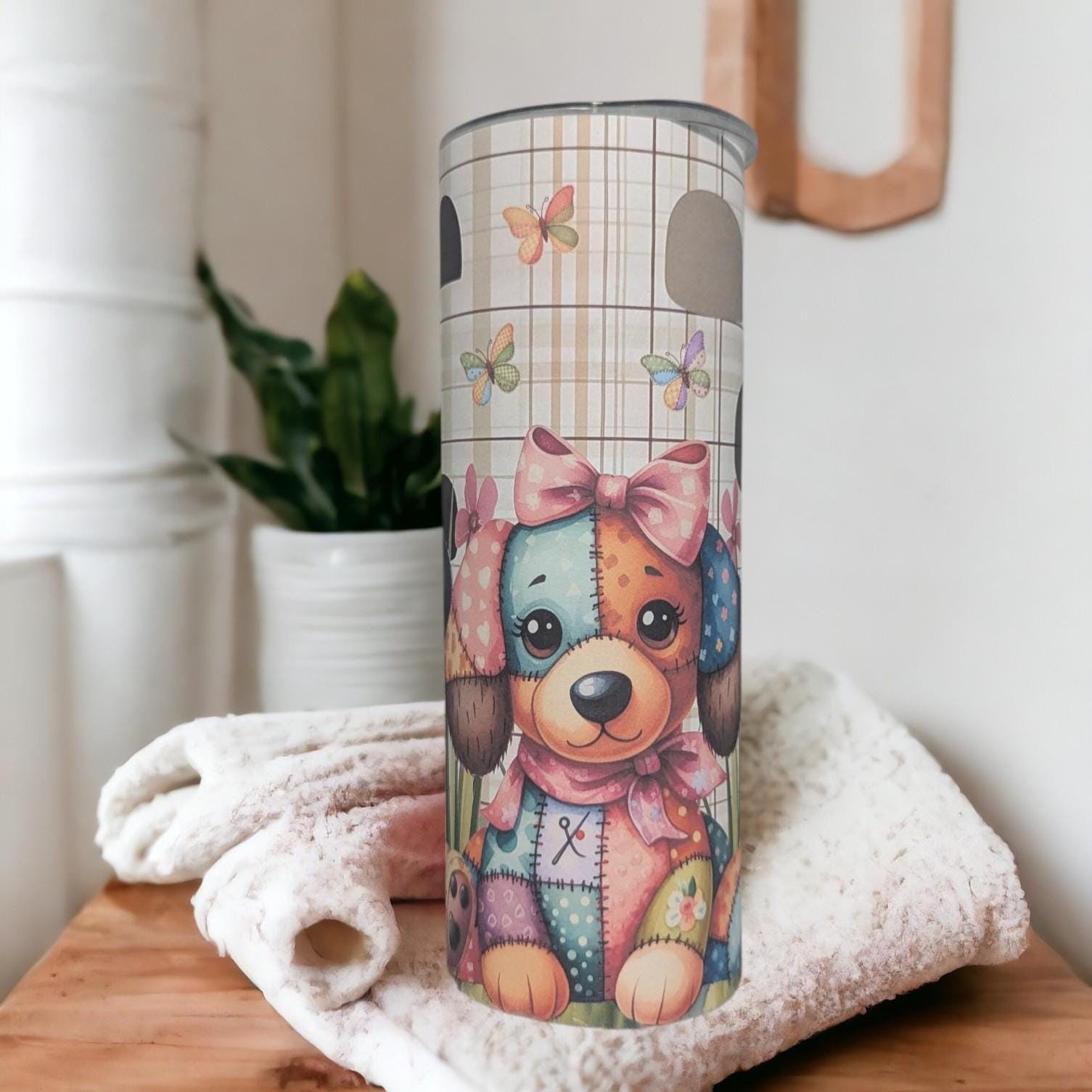 Customizable Patchwork Puppy Tumbler - Includes Reusable Straw for Pet Owners, 20oz Tumbler With Straw, Gift For Her