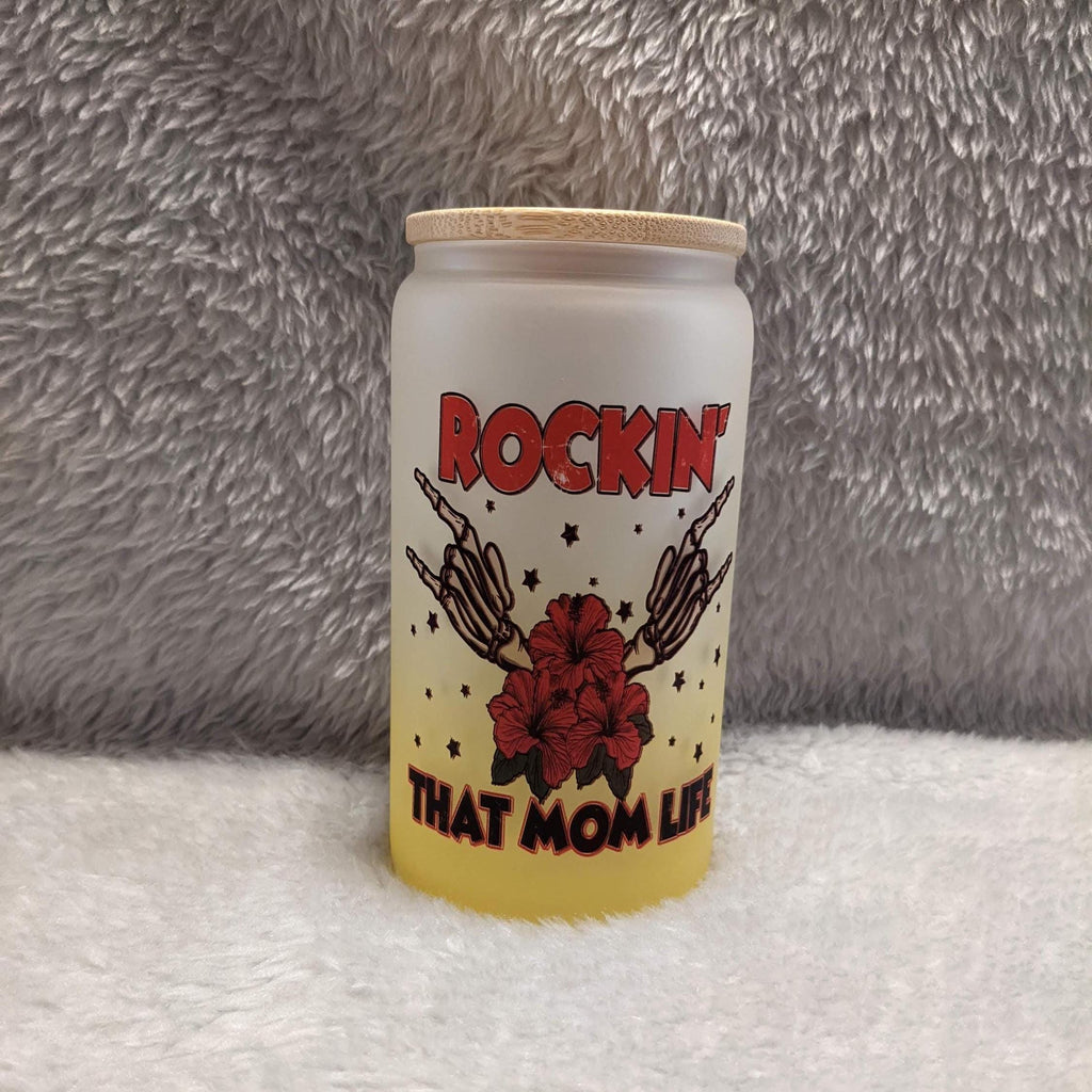 Rockin' That Mom Life 16oz Yellow Frosted Glass with Bamboo Lid & Straw