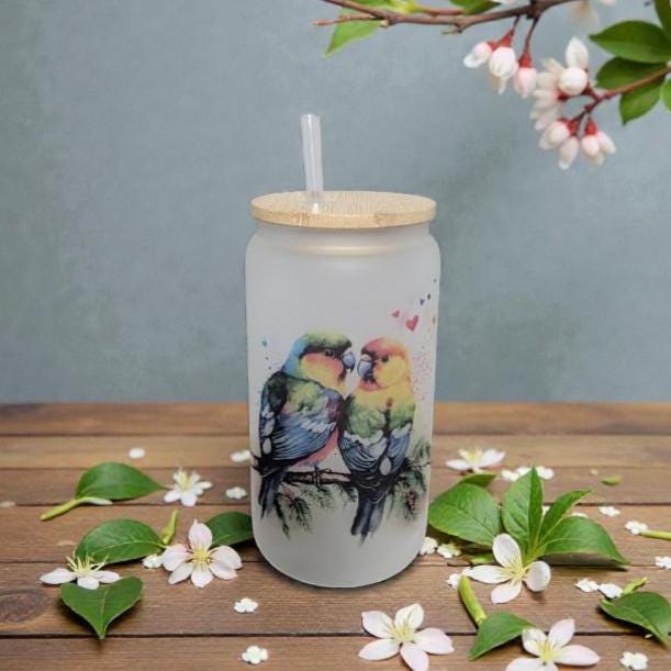 Parrot Lovebirds 16oz Frosted Glass Cup with Bamboo Lid & Straw