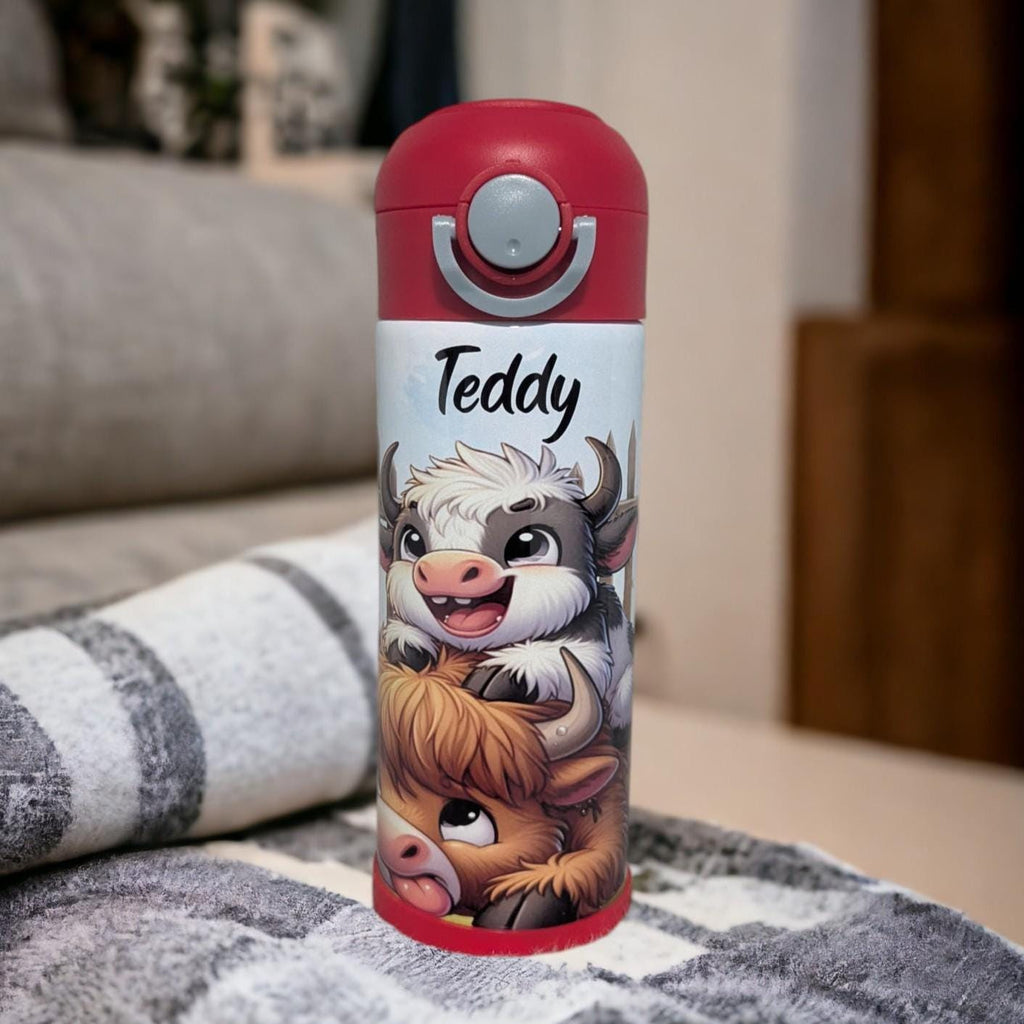 Quirky Cow Water Bottle for Kids 12oz With Reusable Straw Can Be Personalized