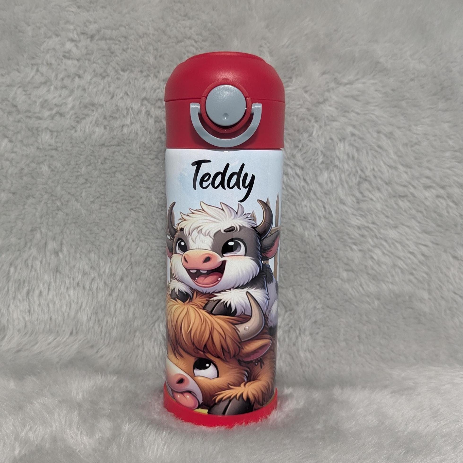 Quirky Cow Water Bottle for Kids 12oz With Reusable Straw Can Be Personalized