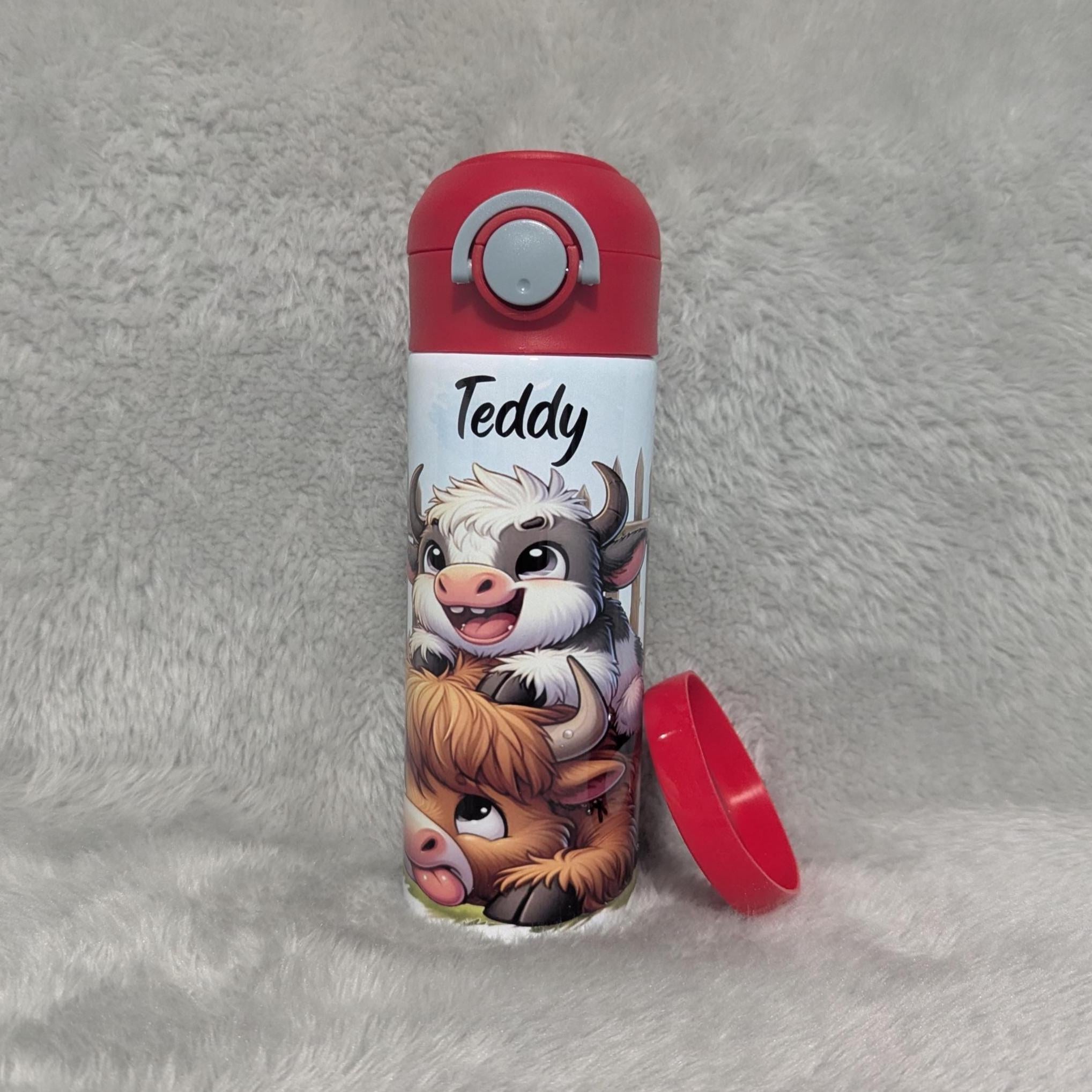 Quirky Cow Water Bottle for Kids 12oz With Reusable Straw Can Be Personalized