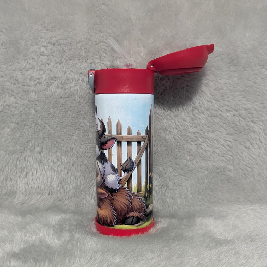 Quirky Cow Water Bottle for Kids 12oz With Reusable Straw Can Be Personalized