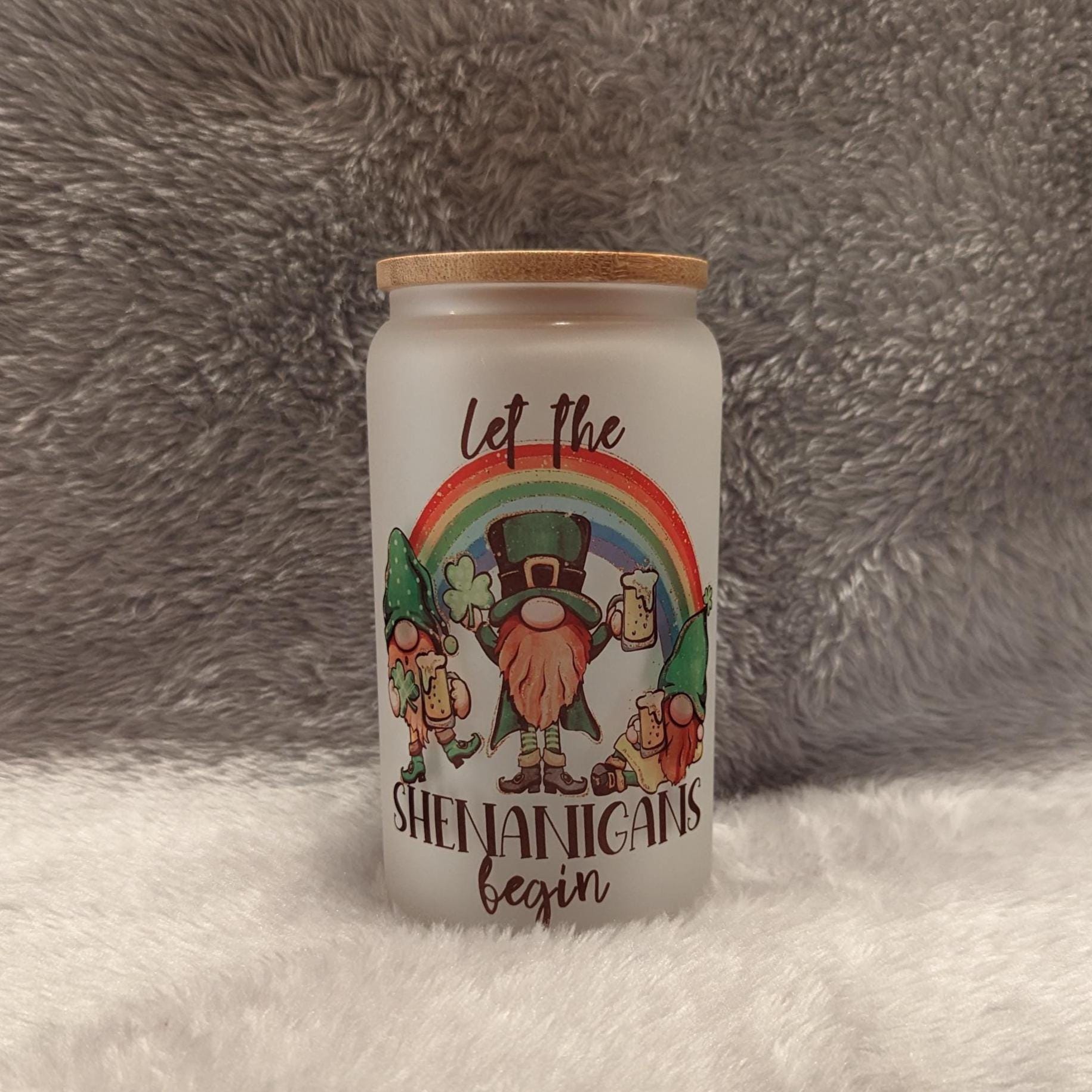 Let the Shenanigans Begin Gnome - 16oz Frosted Glass with Bamboo Lid & Reusable Straw