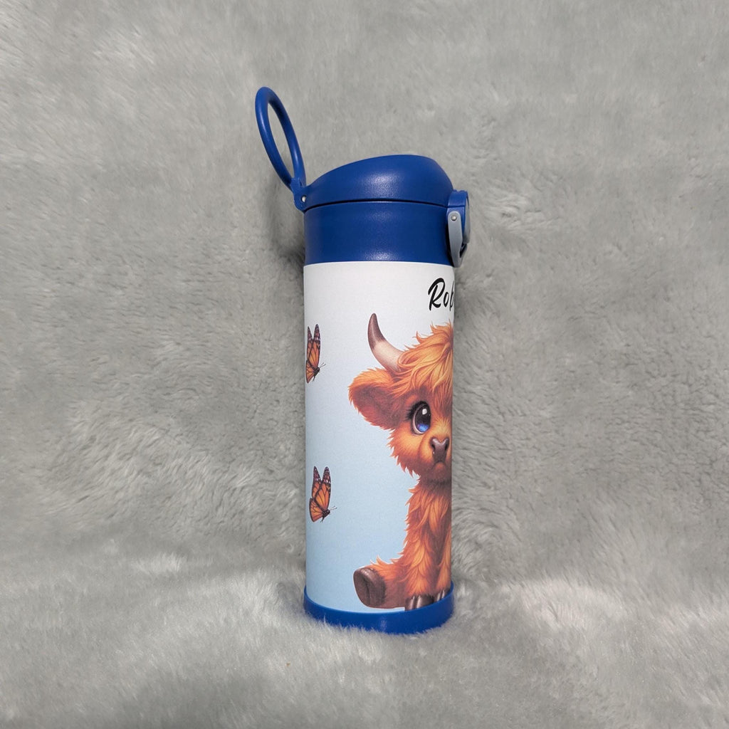 Boys Highland Cow Water Bottle 12oz With Reusable Straw Can Be Personalized