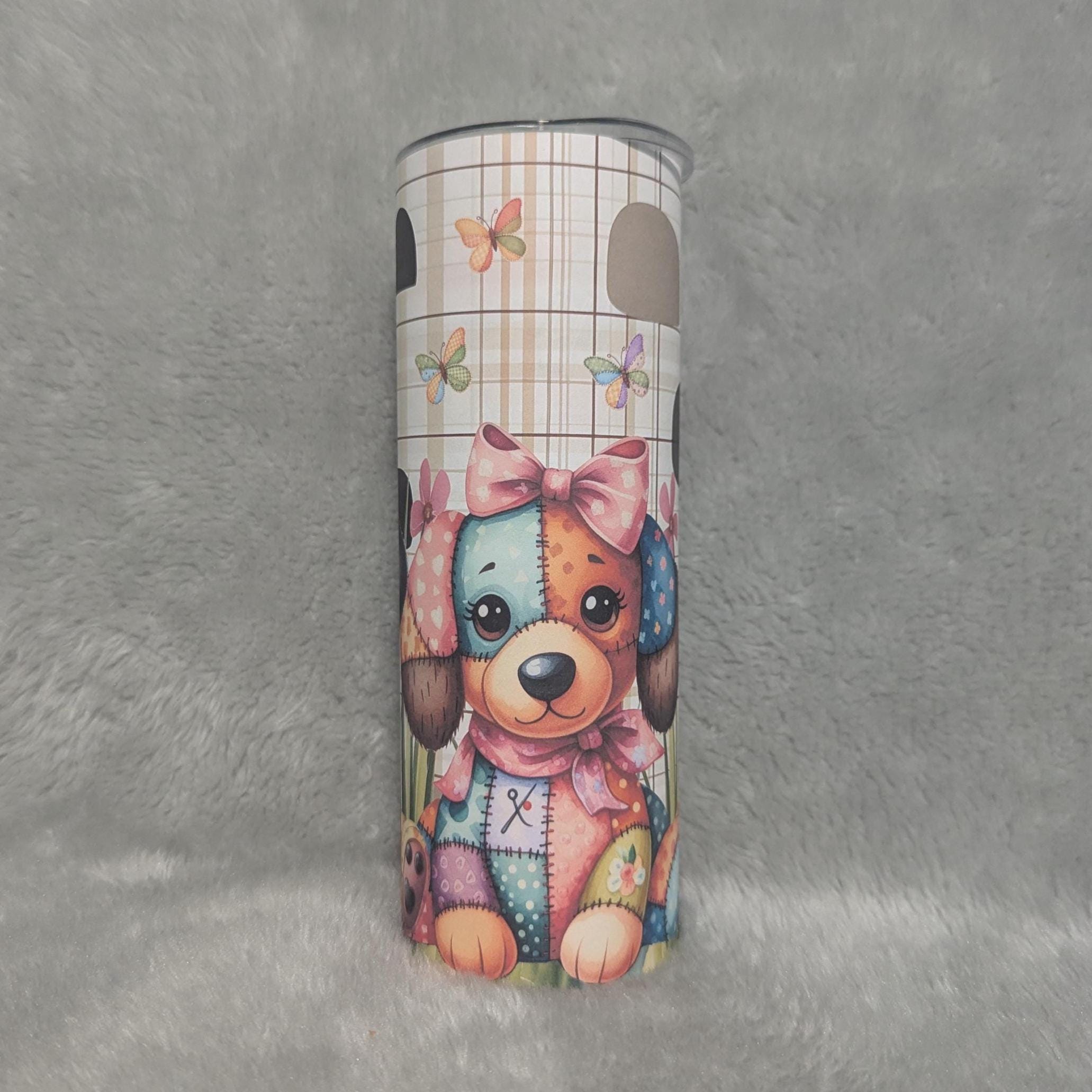 Customizable Patchwork Puppy Tumbler - Includes Reusable Straw for Pet Owners, 20oz Tumbler With Straw, Gift For Her
