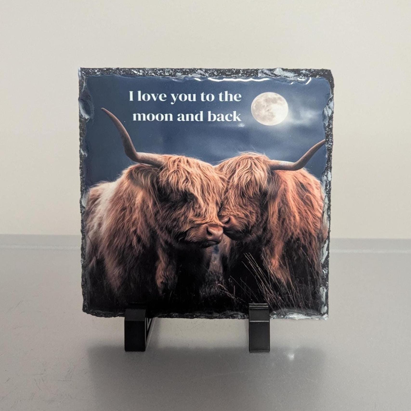 Highland Cow Slate Picture With Display Legs - I Love You to the Moon and Back