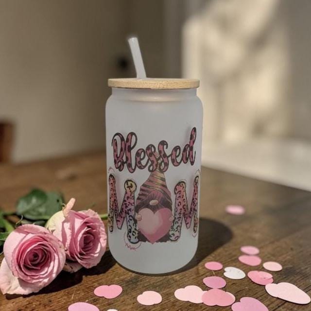Blessed Mom Gnome Glass 16oz Tumbler with Bamboo Lid and Reusable Straw