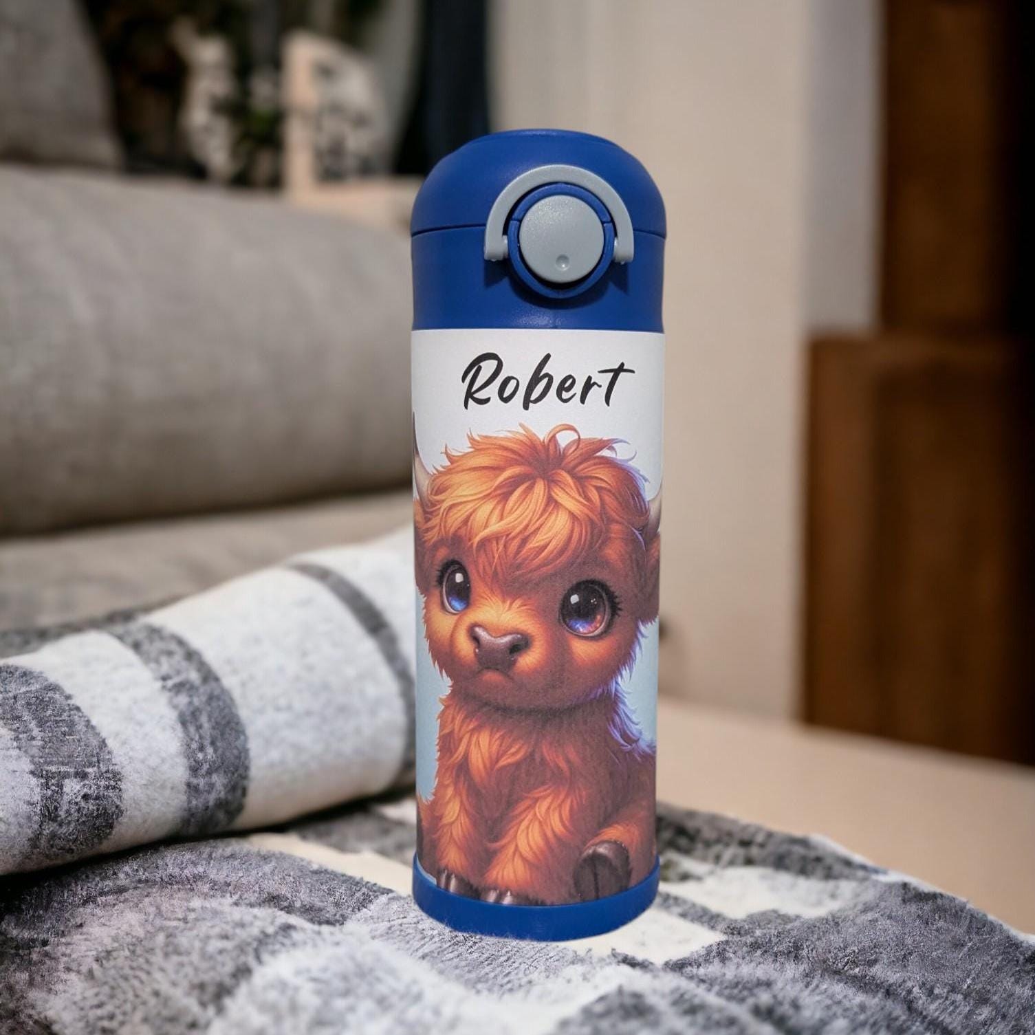 Boys Highland Cow Water Bottle 12oz With Reusable Straw Can Be Personalized