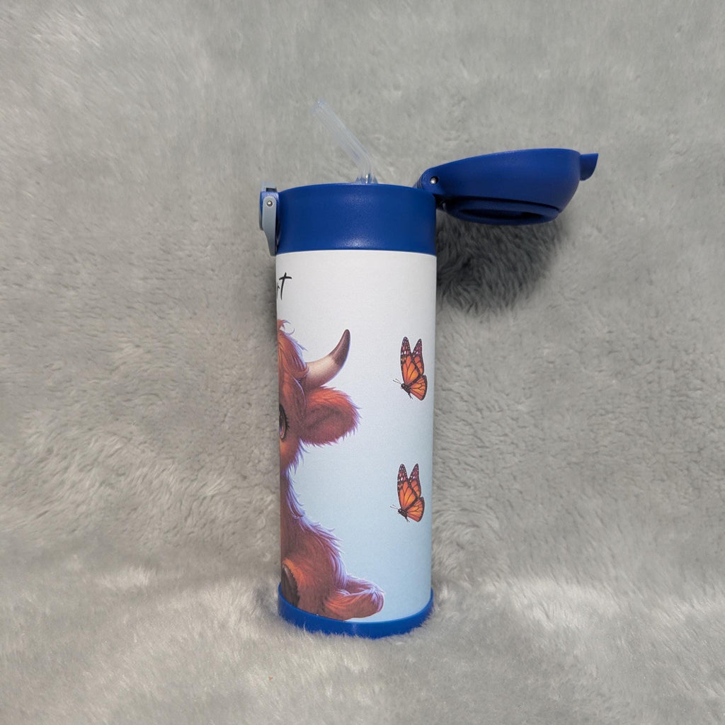 Boys Highland Cow Water Bottle 12oz With Reusable Straw Can Be Personalized