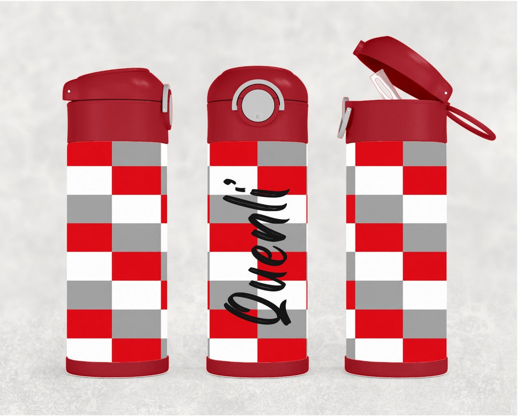 Kids Red, Gray and White Checkered Water Bottle 12oz With Reusable Straw, Can Be Personalized