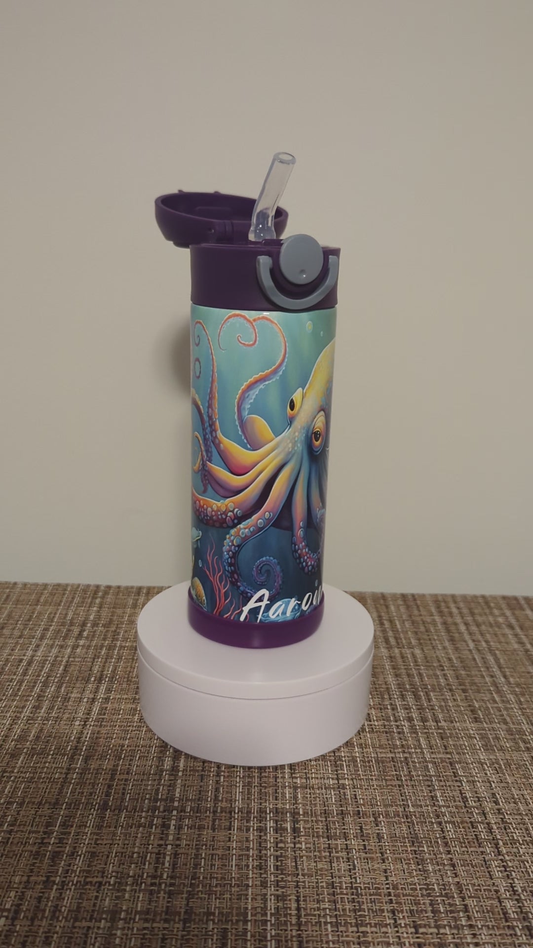 Kids Octopus Water Bottle 12oz With Reusable Straw, Can Be Personalized