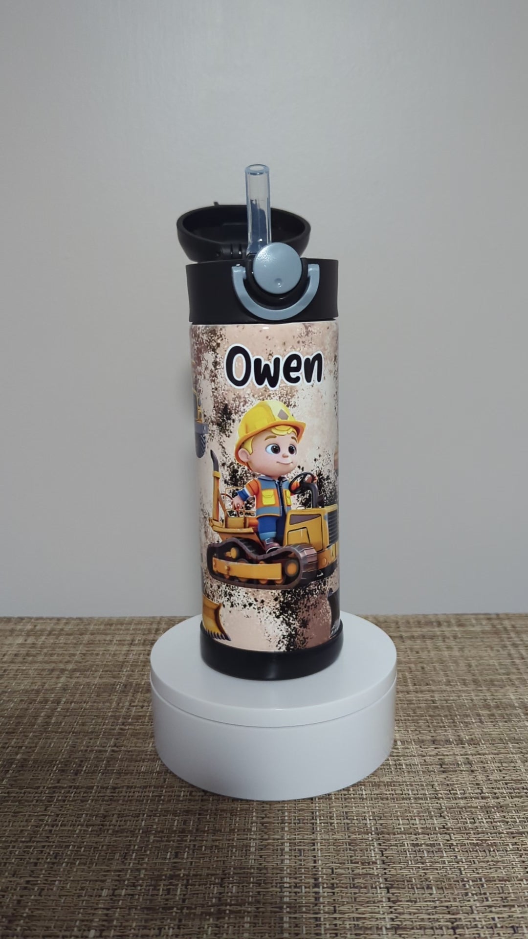Kids Construction Water 12oz With Reusable Straw Can Be Personalized